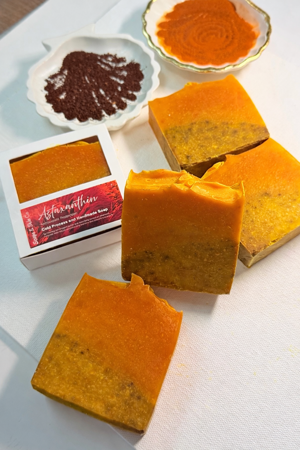 Astaxanthin cold process soap with coffee exfoliator
